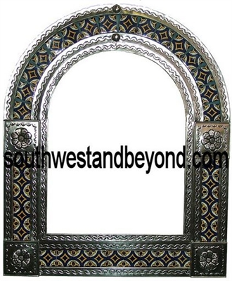 Arched tin framed hand hammered mirror with talavera tiles - silver