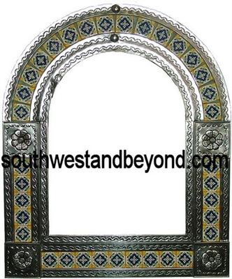 Arched tin framed hand hammered mirror with talavera tiles - silver