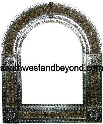 Arched tin framed hand hammered mirror with talavera tiles - silver