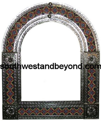 Mexican arched tin framed mirror with talavera tiles - coffee cream color
