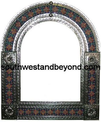 Arched tin framed hand hammered mirror with talavera tiles - silver
