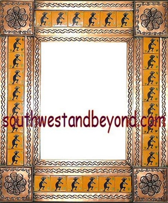 rectangular 21"x25" tin framed hand hammered mirror with talavera tiles - copper color