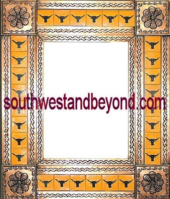 rectangular 21"x25" tin framed hand hammered mirror with talavera tiles - copper color