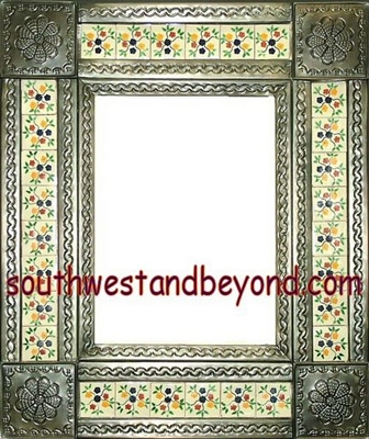 Mirror Tin Framed Talavera Tiled mirror with Flower Corners