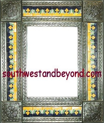 Mirror Tin Framed Talavera Tiled mirror with Flower Corners