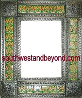 rectangular 21"x25" tin framed hand hammered mirror with talavera tiles - oxidized color
