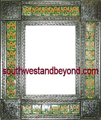 rectangular 21"x25" tin framed hand hammered mirror with talavera tiles - oxidized color