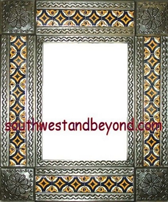 rectangular 21"x25" tin framed hand hammered mirror with talavera tiles - oxidized color