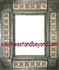 rectangular 21"x25" tin framed hand hammered mirror with talavera tiles - oxidized color