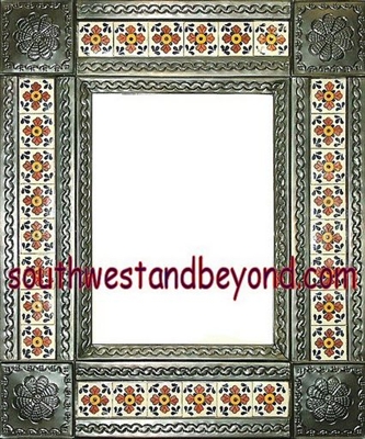 rectangular 21"x25" tin framed hand hammered mirror with talavera tiles - oxidized color