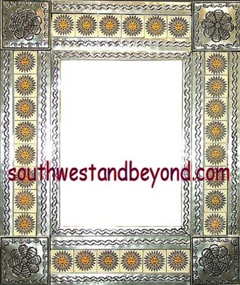 rectangular 21"x25" tin framed hand hammered mirror with talavera tiles - silver color