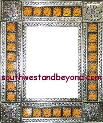 rectangular 21"x25" tin framed hand hammered mirror with talavera tiles - silver color