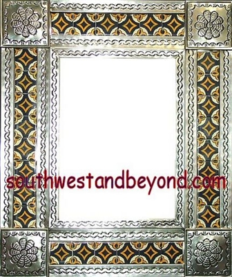 rectangular 21"x25" tin framed hand hammered mirror with talavera tiles - silver color