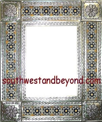 rectangular 21"x25" tin framed hand hammered mirror with talavera tiles - silver color