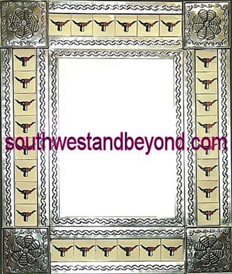 rectangular 21"x25" tin framed hand hammered mirror with talavera tiles - silver color