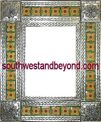 rectangular 21"x25" tin framed hand hammered mirror with talavera tiles - silver color