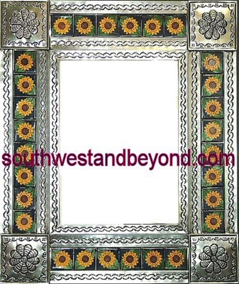 rectangular 21"x25" tin framed hand hammered mirror with talavera tiles - silver color