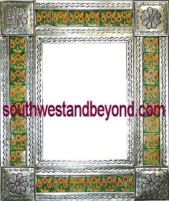 rectangular 21"x25" tin framed hand hammered mirror with talavera tiles - silver color