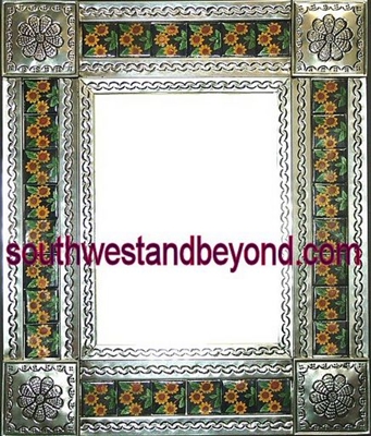 rectangular 21"x25" tin framed hand hammered mirror with talavera tiles - silver color