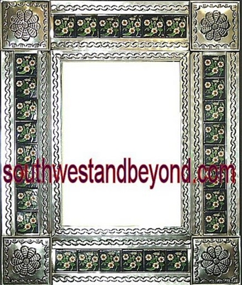 rectangular 21"x25" tin framed hand hammered mirror with talavera tiles - silver color