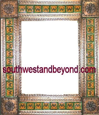 rectangular tin framed hand hammered 29"x25" mirror with talavera tiles - copper color