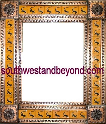 rectangular tin framed hand hammered 29"x25" mirror with talavera tiles - copper color