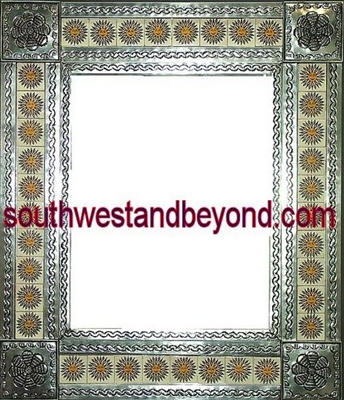 rectangular tin framed hand hammered 29"x25" mirror with talavera tiles - silver color
