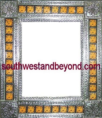 rectangular tin framed hand hammered 29"x25" mirror with talavera tiles - silver color