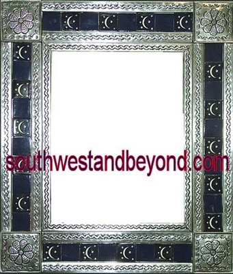 rectangular tin framed hand hammered 29"x25" mirror with talavera tiles - silver color