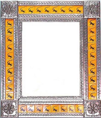 rectangular tin framed hand hammered mirror with talavera tiles - silver