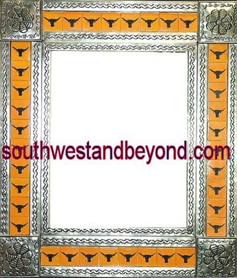 rectangular tin framed hand hammered mirror with talavera tiles - silver