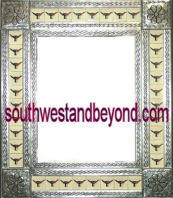 rectangular tin framed hand hammered mirror with talavera tiles - silver