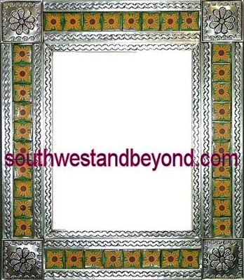 mexican Silver Color tin frame mirror talavera tiled wall decor