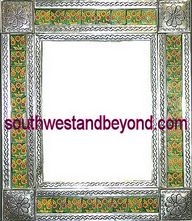 rectangular tin framed hand hammered mirror with talavera tiles - silver