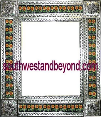rectangular tin framed hand hammered mirror with talavera tiles - silver