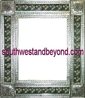 rectangular tin framed hand hammered mirror with talavera tiles - silver