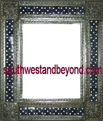 rectangular tin framed hand hammered 29"x25" mirror with talavera tiles - oxidized color