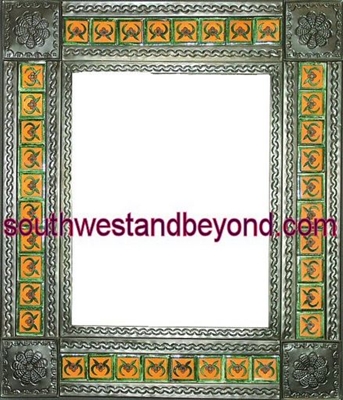 rectangular tin framed hand hammered 29"x25" mirror with talavera tiles - oxidized color