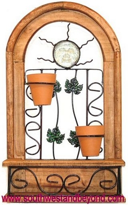 Rustic Arched Window Frame Wall Decor with terra cotta flower pots